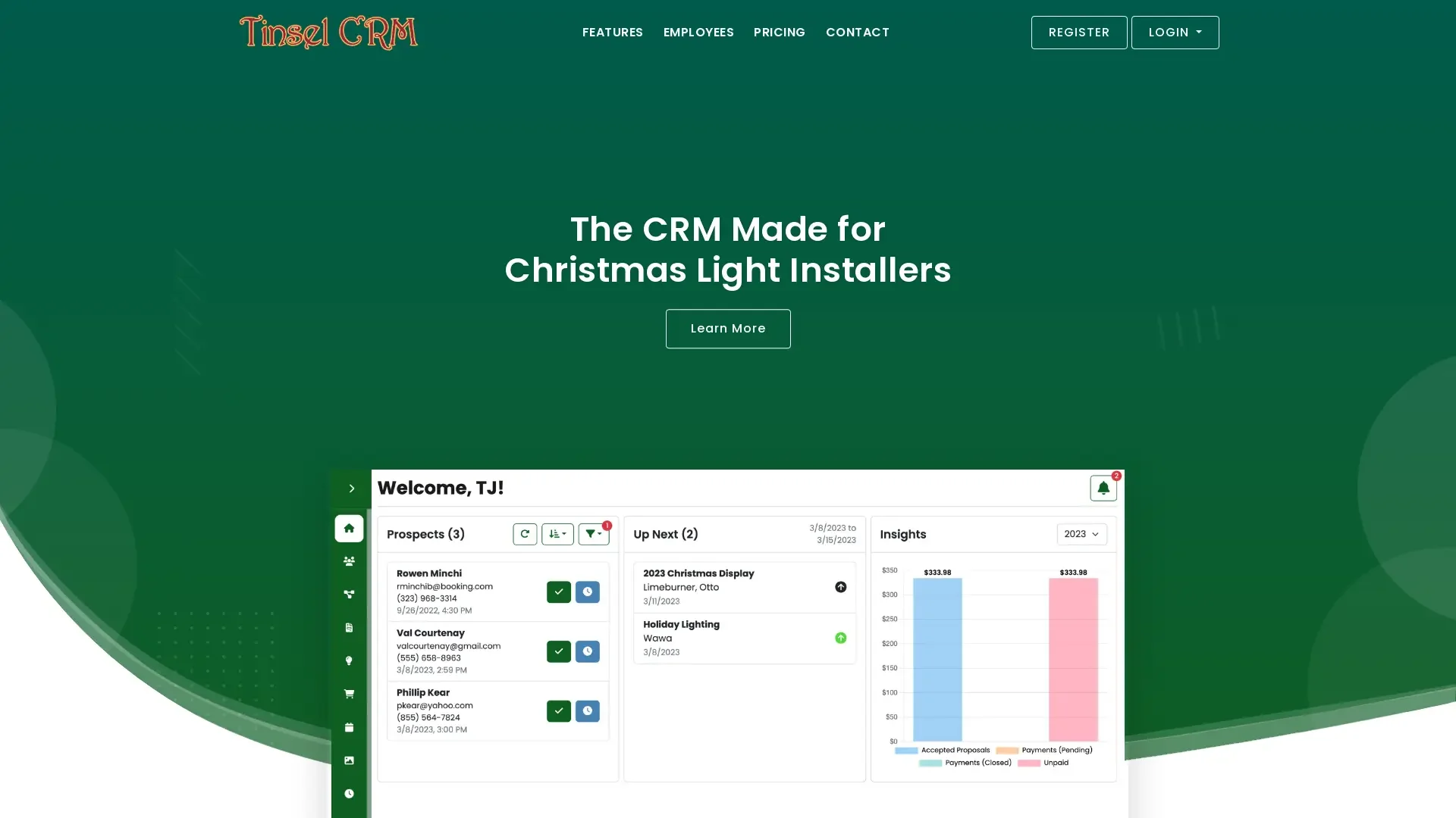 Tinsel CRM's website designed by Unparalleled Developers, LLC