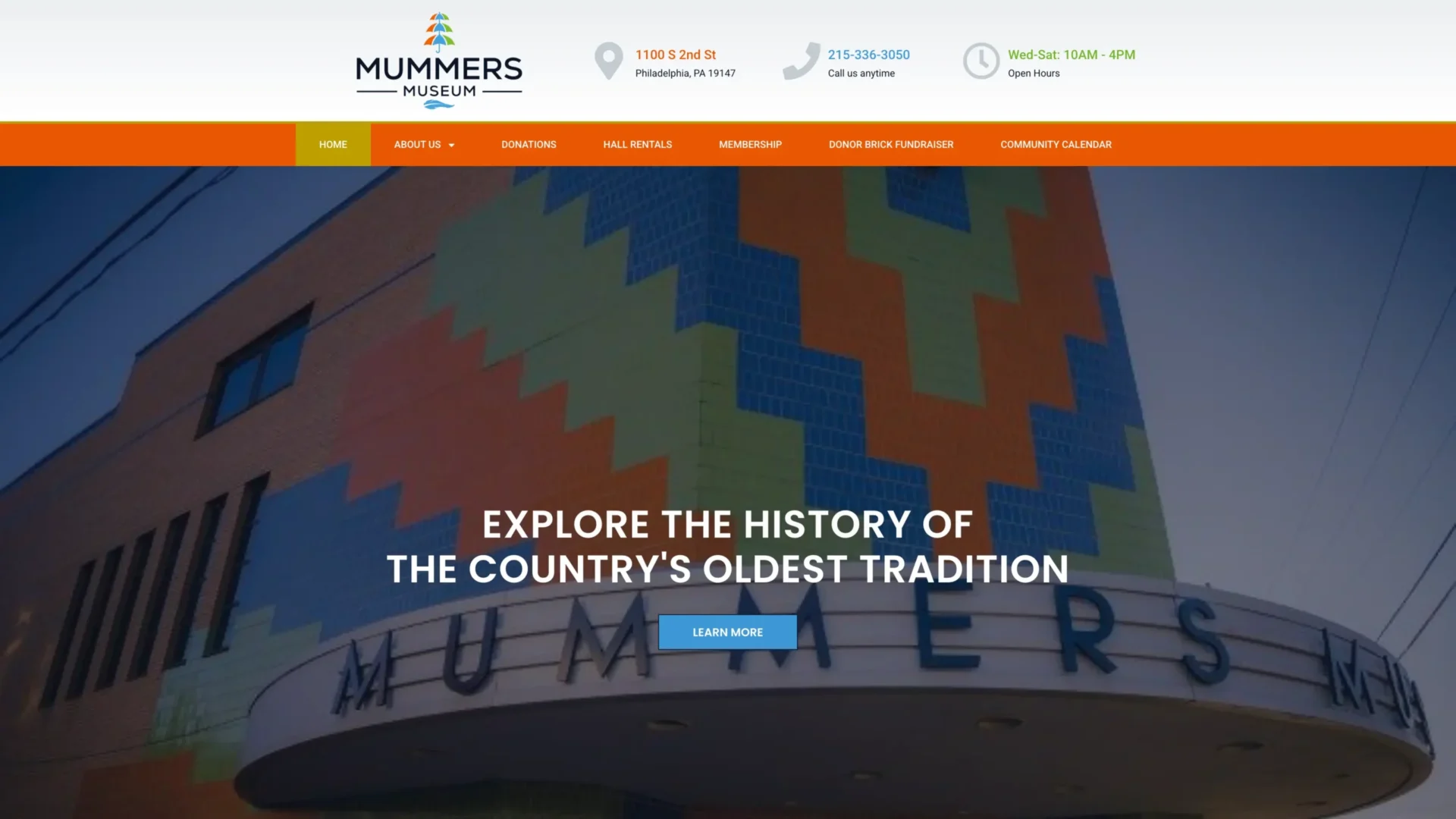Mummers Museum website designed by Unparalleled Developers, LLC